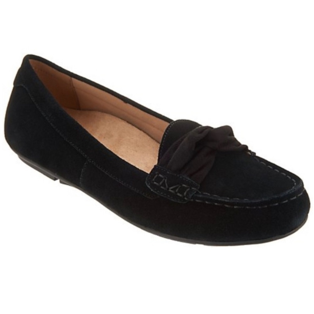 Vionic Norah Suede Bow Moccasin Flats Black Size 7